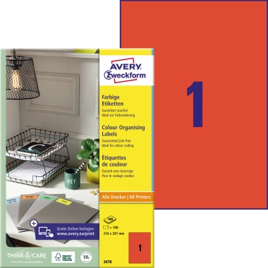 Etikett Avery Zweckform 3470 210x297mm rot 100 St.