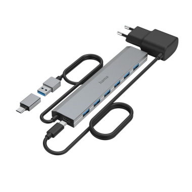 USB-Hub Hama 7 Ports, USB 3.2 Gen1 5 Gbit/s, inkl. USB-C-Adapter und Netzt.