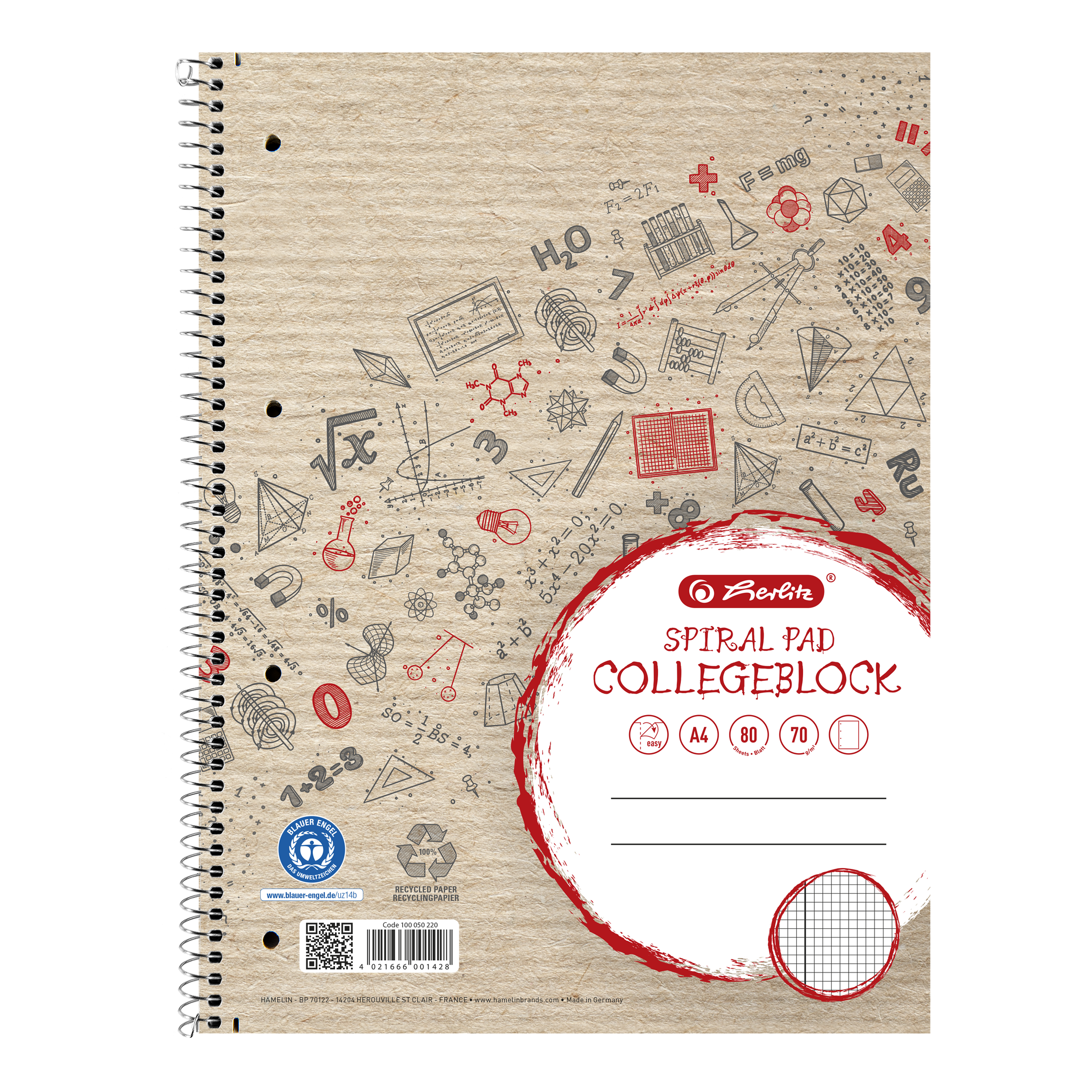 Collegeblock Herlitz 100050220 A4 kar. RC 80 Blatt Rand links