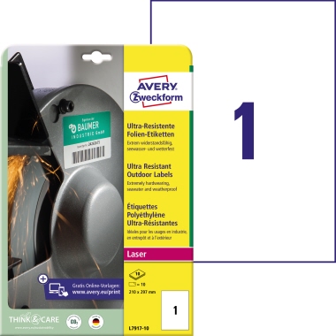 Etikett Avery Zweckform L7917-10 210x297mm weiß Folie ultraresistent 10 St.
