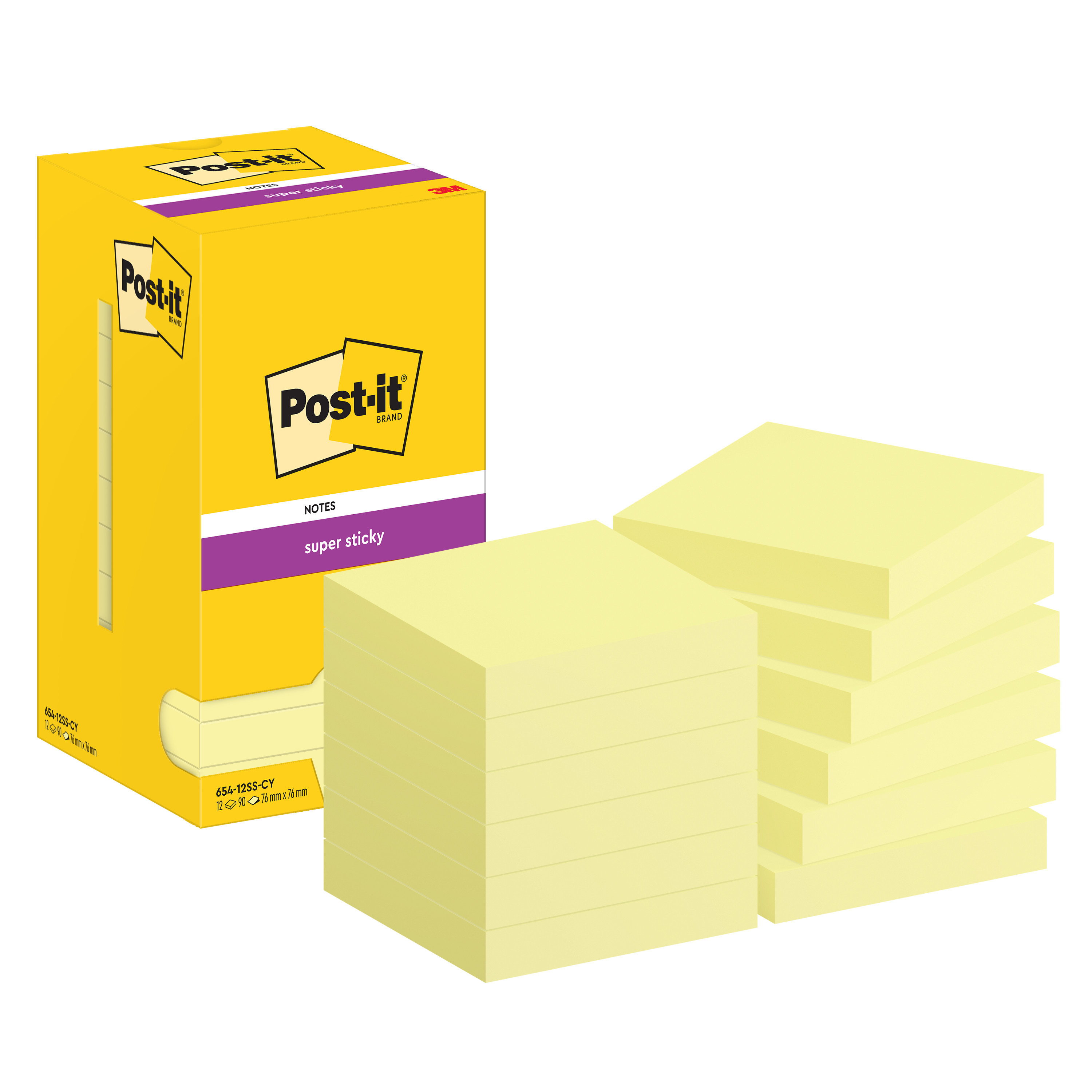 Haftnotiz Post-It 654-12SS-CY 76x76mm gelb 90 Blatt 12 St./Pack