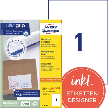 Etikett Avery Zweckform 3478-200 210x297mm weiß 220 St.