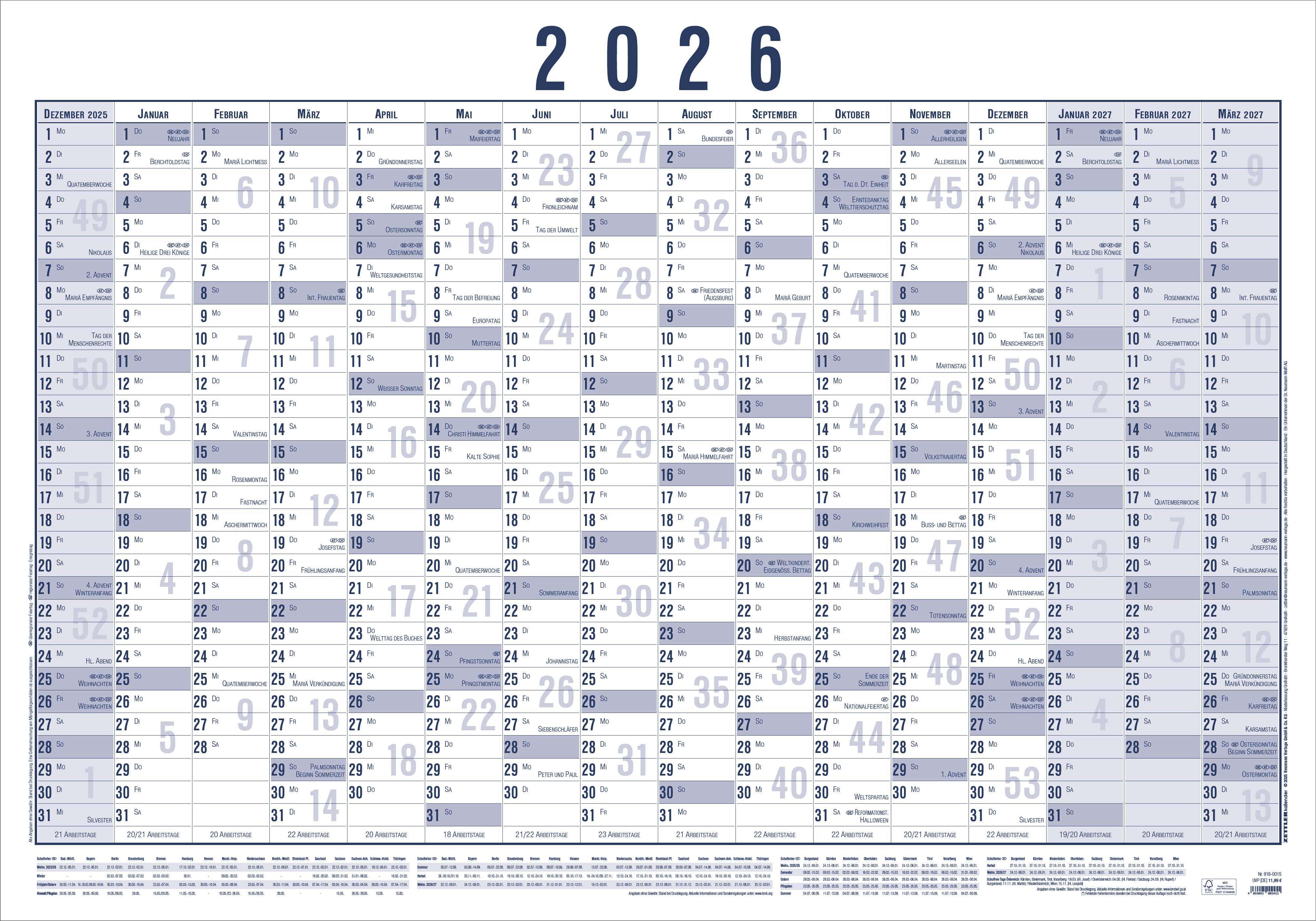 Plakatkalender Zettler 918-0015 16M/1S Blau 100X65cm