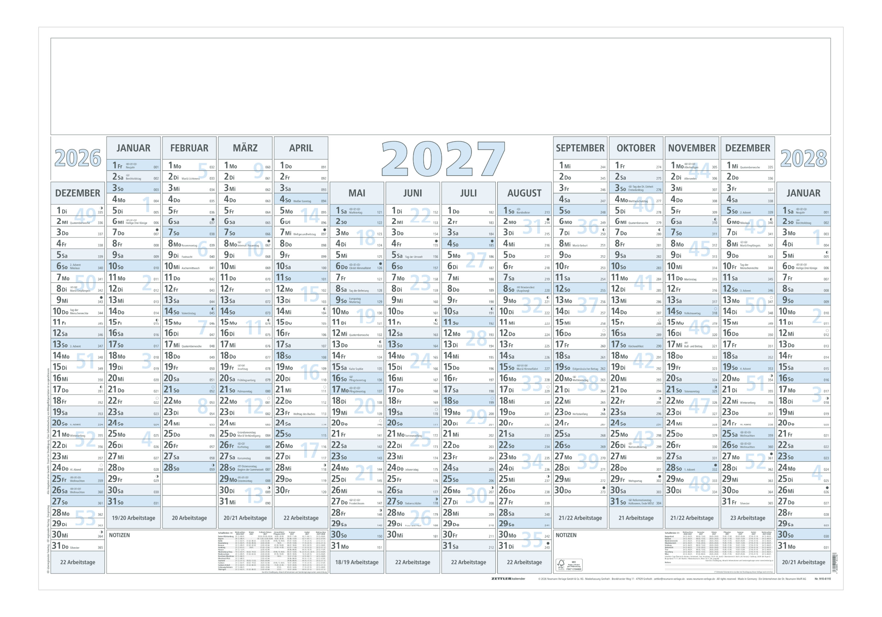 Plakatkalender Zettler 915-0015 100x70cm 1S/14M, Sonn-Und Feiertage Hervorgehobe
