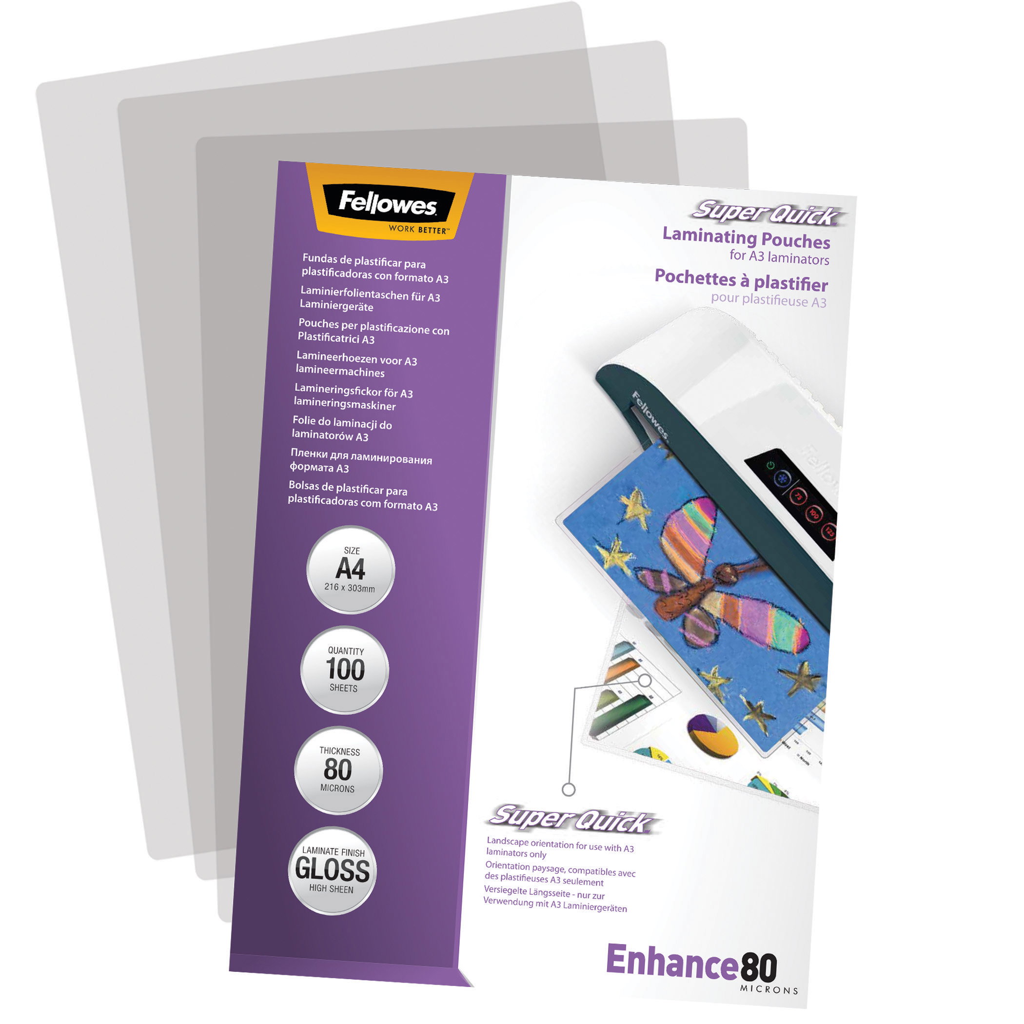 Folientasche FELLOWES A4 228X303mm 80my glänzend 100 St/Pack Querformat