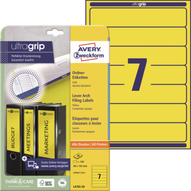 Rückenschild Avery Zweckform L4765-20 PC gelb schmal/kurz, selbstklebend, 140 St.