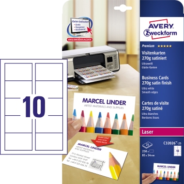 Visitenkarten Zweckf. C32026-25 weiß 270g, Inhalt 25 Blatt = 250 Karten
