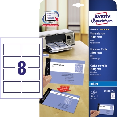Visitenkarten Avery Zweckform C32015-25  weiß 260g 200 Stück