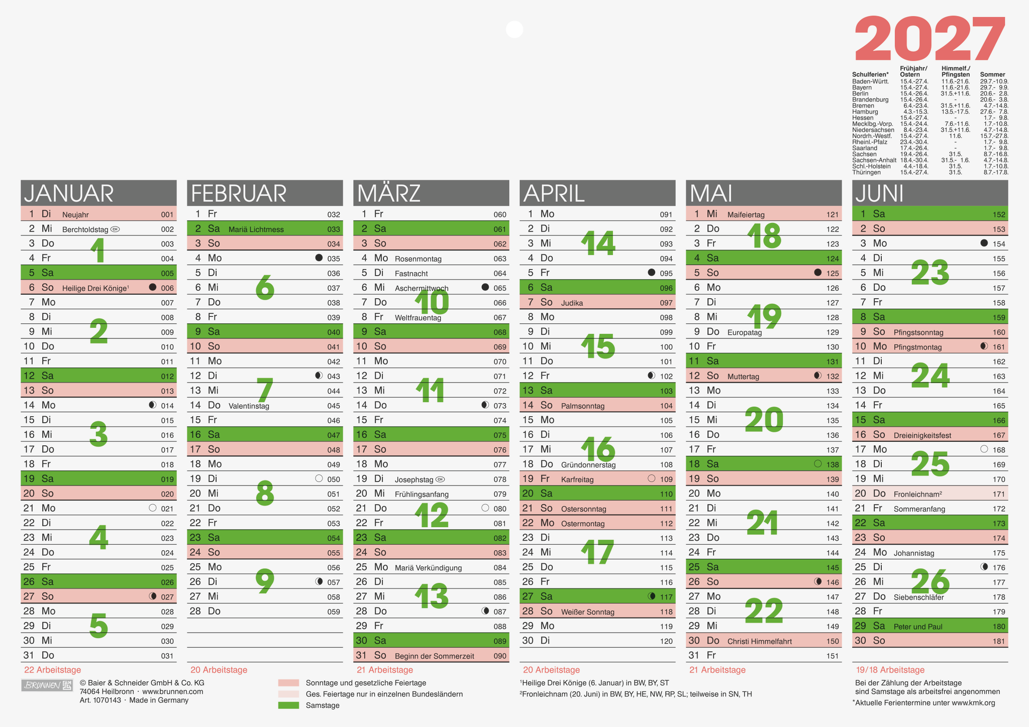 Tafelkalender A4 70143 Karton 1S/6M mit Tageszählung Und Ferienterminen