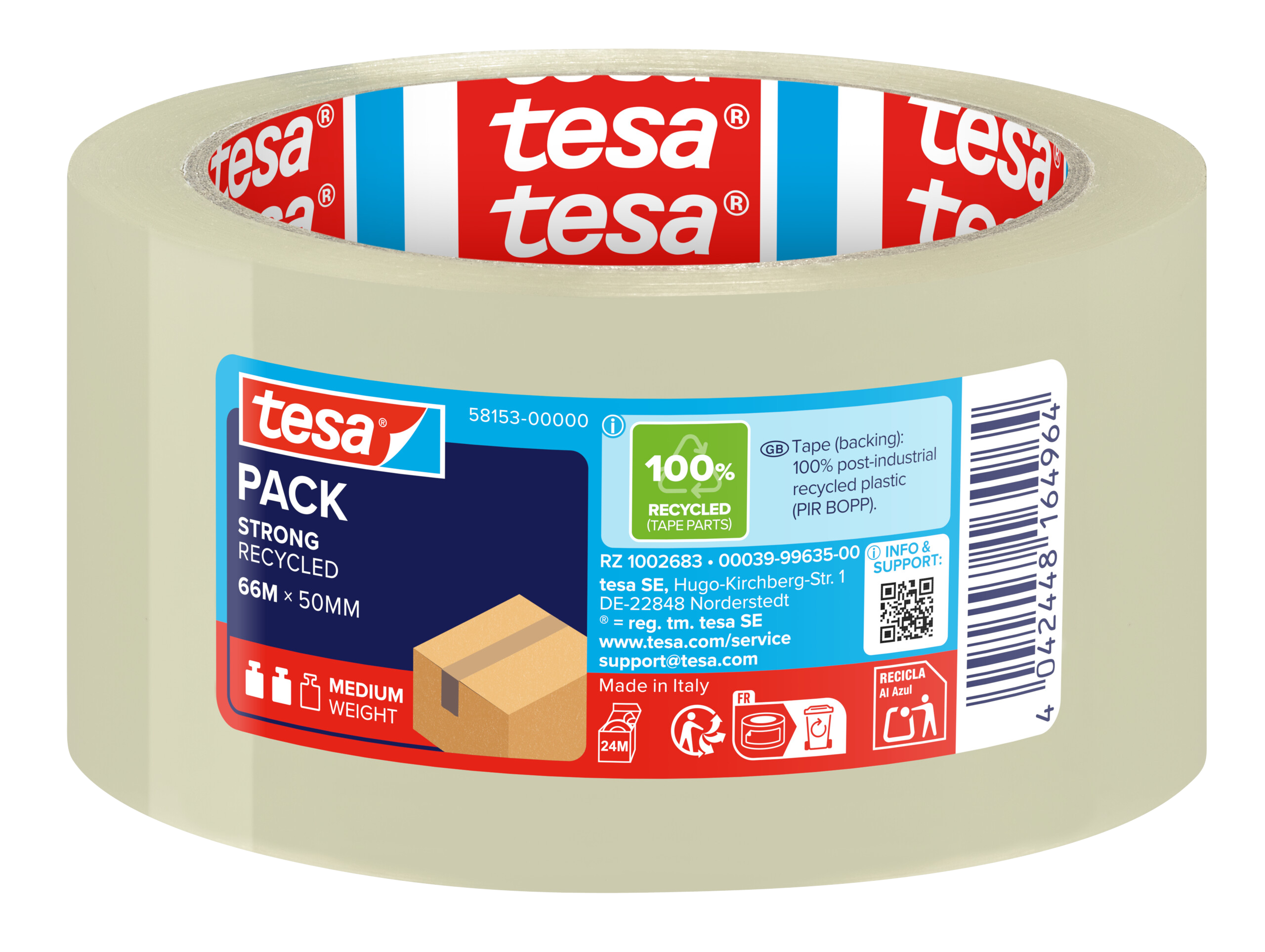 Packband Tesa 58153 66mx50mm transparent Aus 100 % Recyceltem Kunststoff (pp)