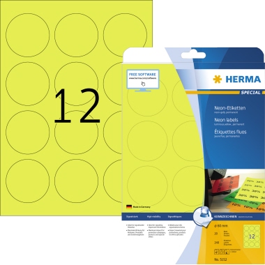 Etikett Herma 5152 A4 Ø 60mm neongelb Matt, 20blatt, Kennzeichnung