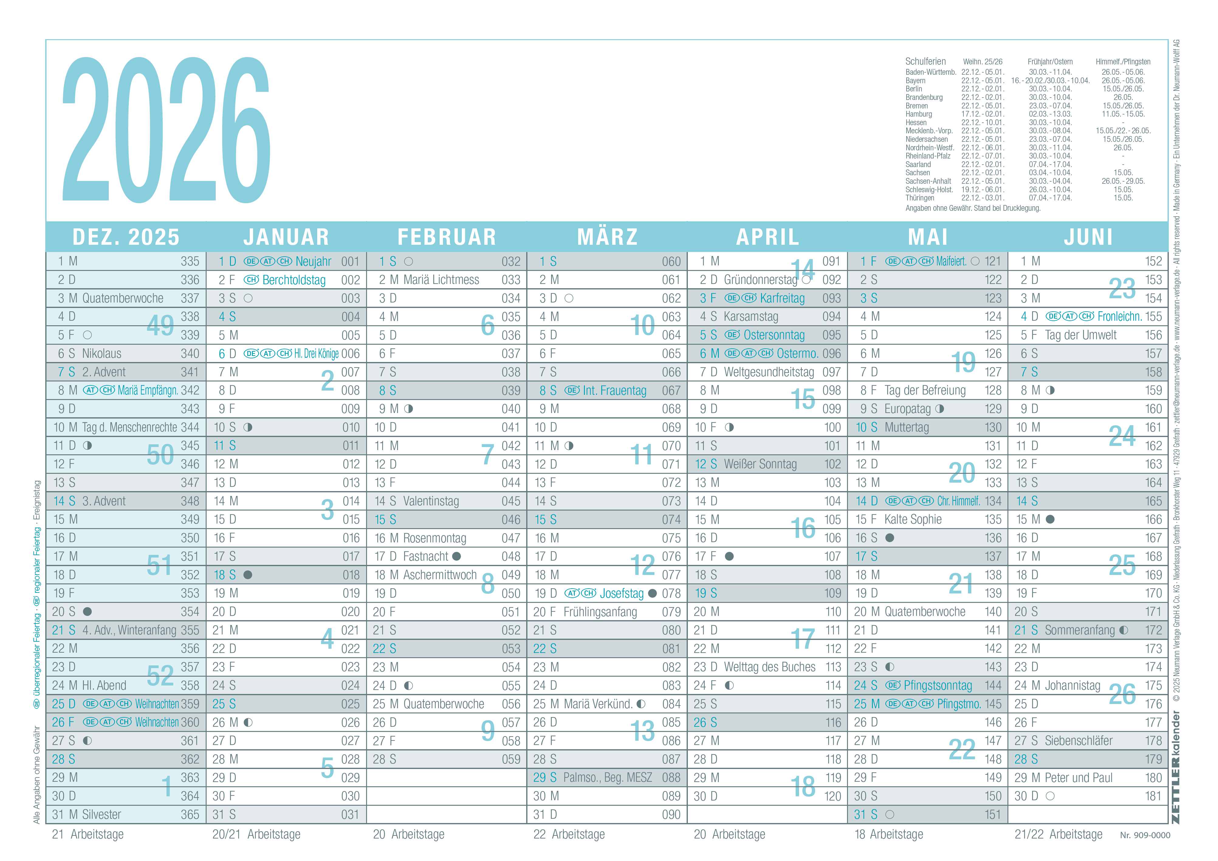 Tafelkalender Zettler A4 1S/7M Türkis Arbeitstagekalender