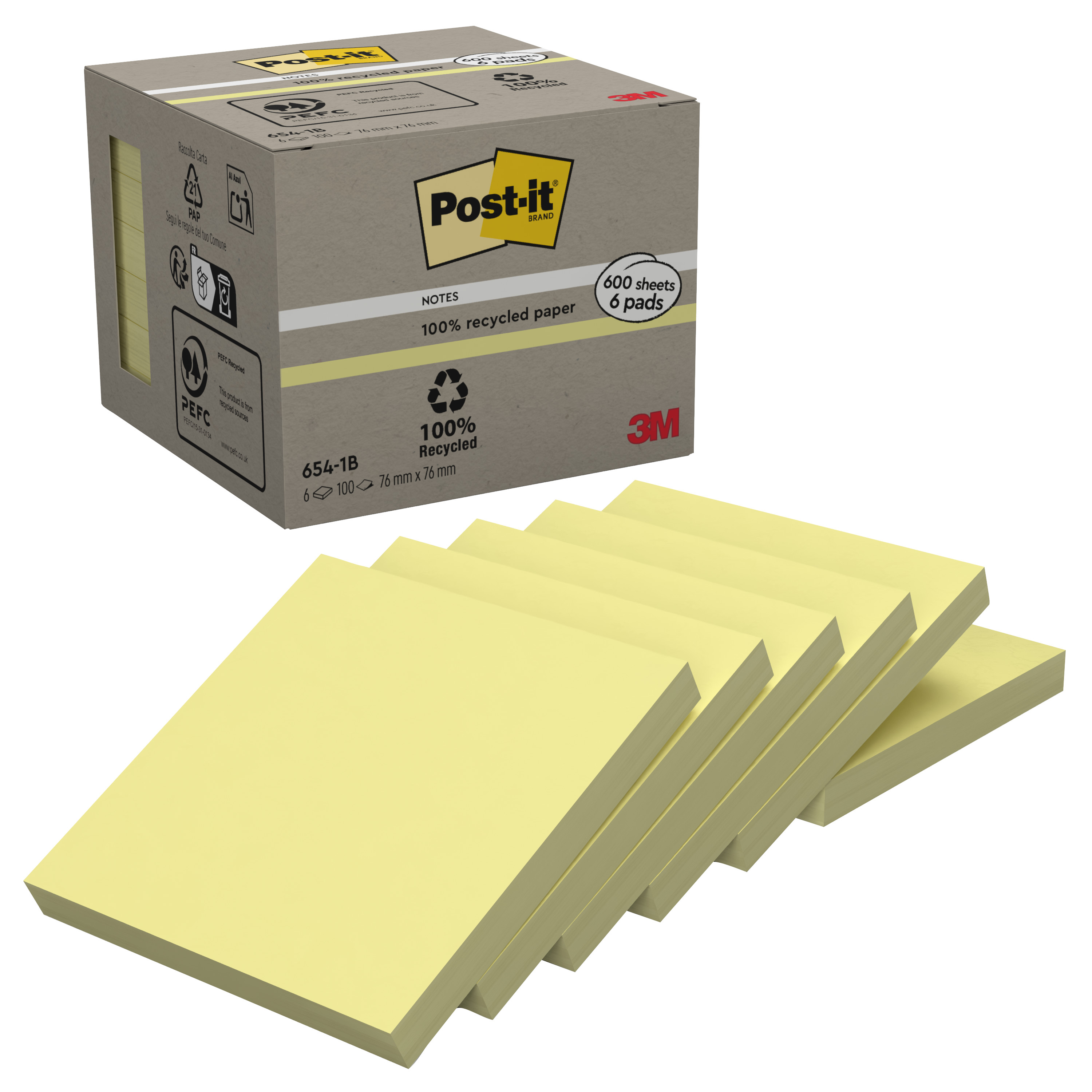 Haftnotiz Post-It 654-1B 76x76mm rec. Gelb Recycling Gelb