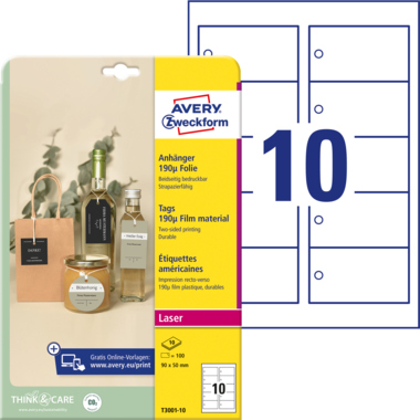 Anhänger Avery Zweckform T3001-10 90x50mm weiß Folie 10 Stück