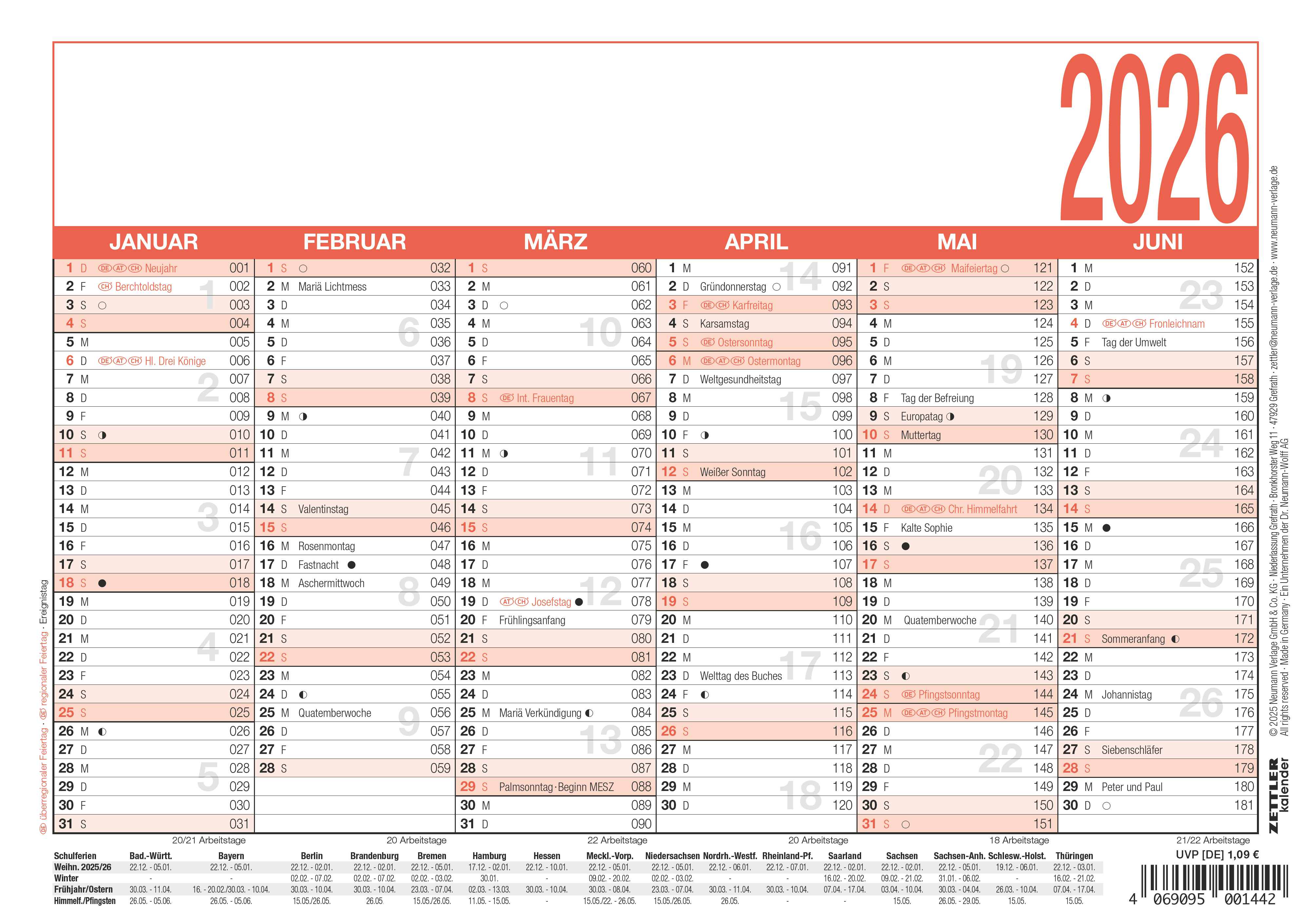 Tafelkalender Zettler 904 A5 1S/6M Pefc, Arbeitstage-, Tages-, Wochenzählun