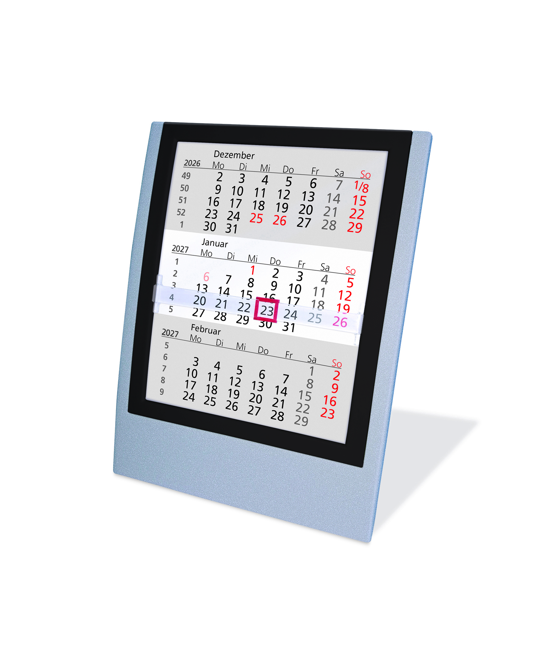 Dreimonatstischkalender 2 Jahre silb./sw Gehäuse silber, Rahmen Schwarz