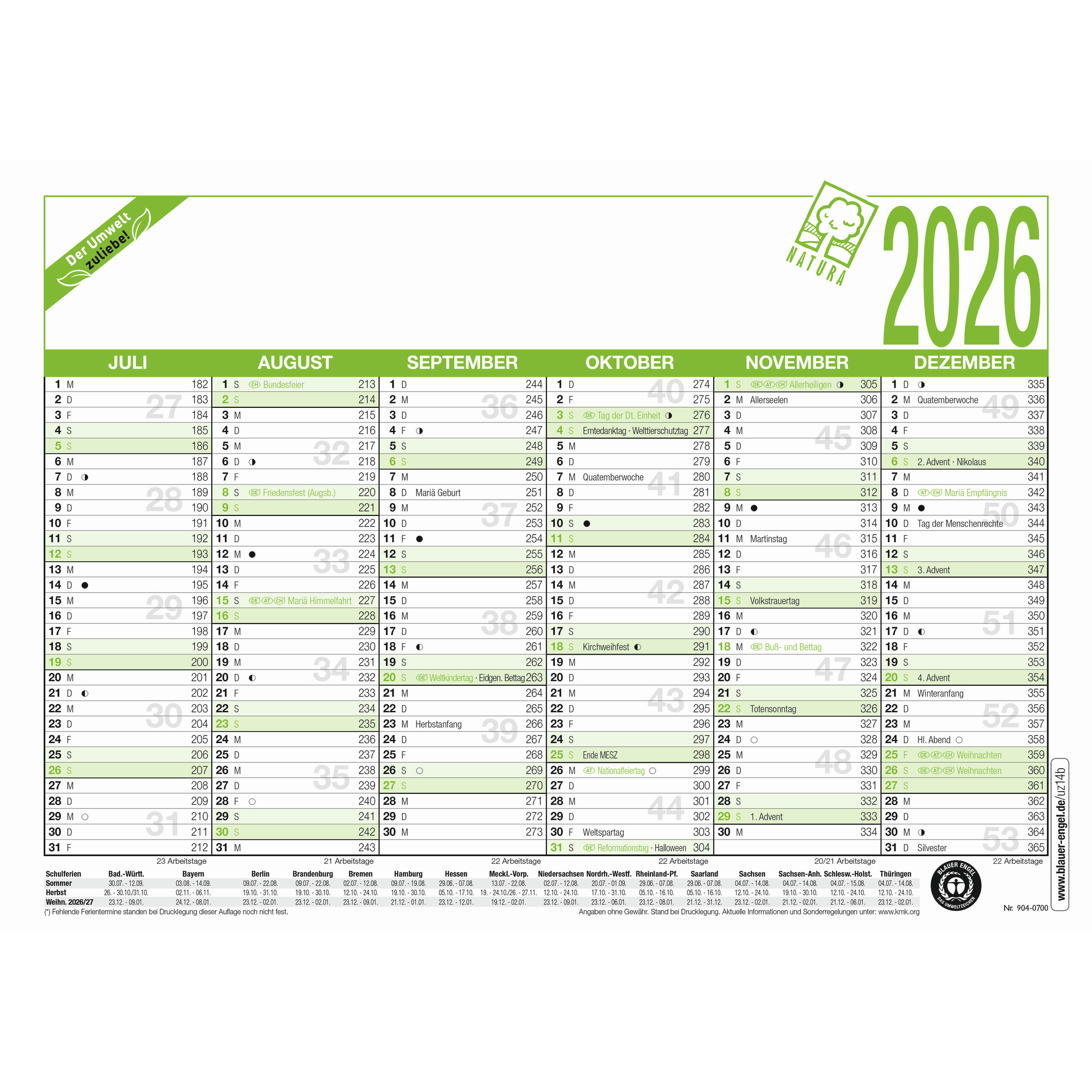 Tafelkalender Zettler 904-0700 A5 1S/6M Sonn-und Feiertage Hervorgehoben, Arbei