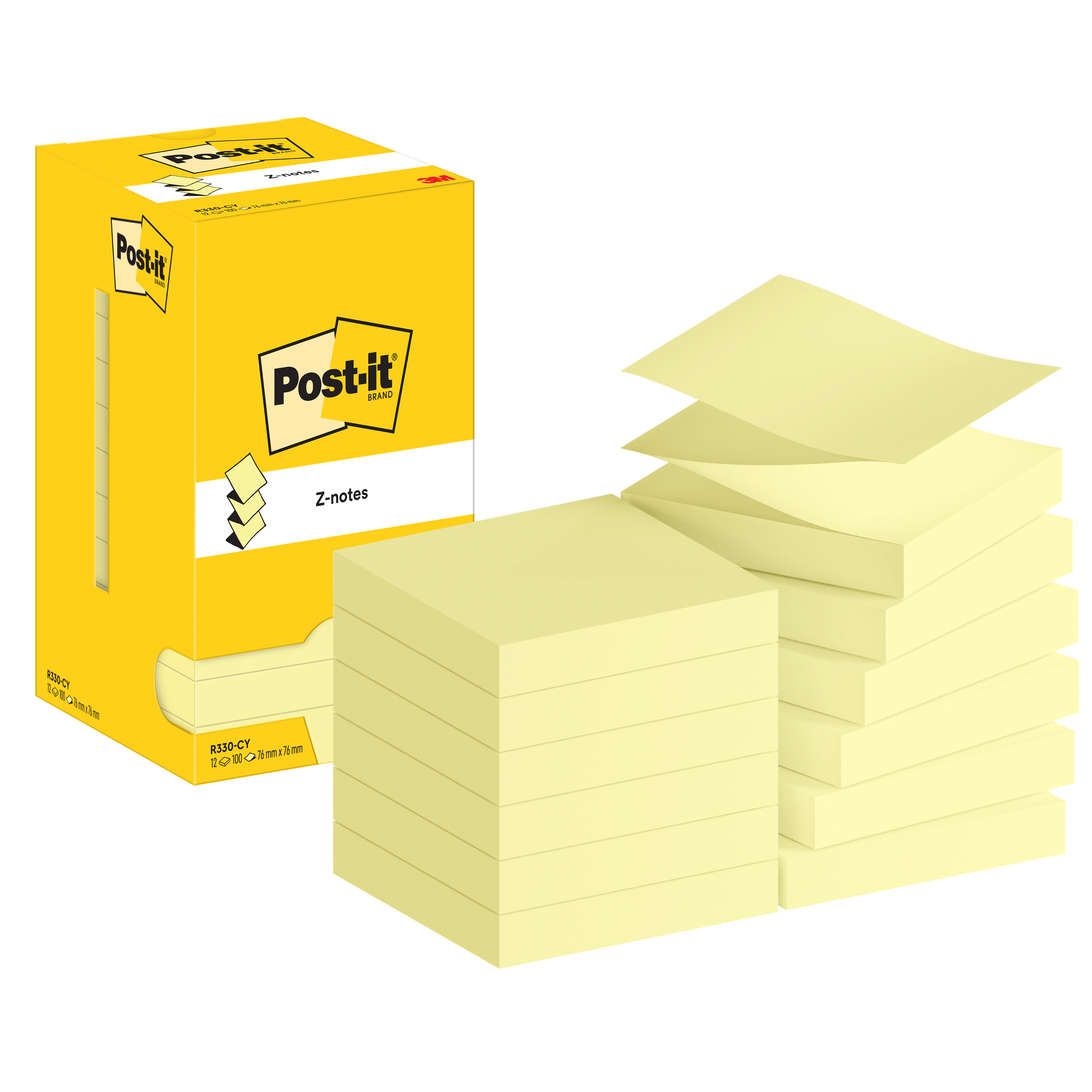 Haftnotiz Post-it Z-Notes R330 76x76mm gelb, 100 Blatt 12 St./Pack