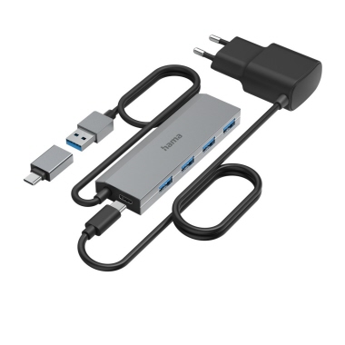 USB-Hub Hama 4 Ports, USB 3.2 Gen1 5 Gbit/s, inkl. USB-C-Adapter und Netzt.
