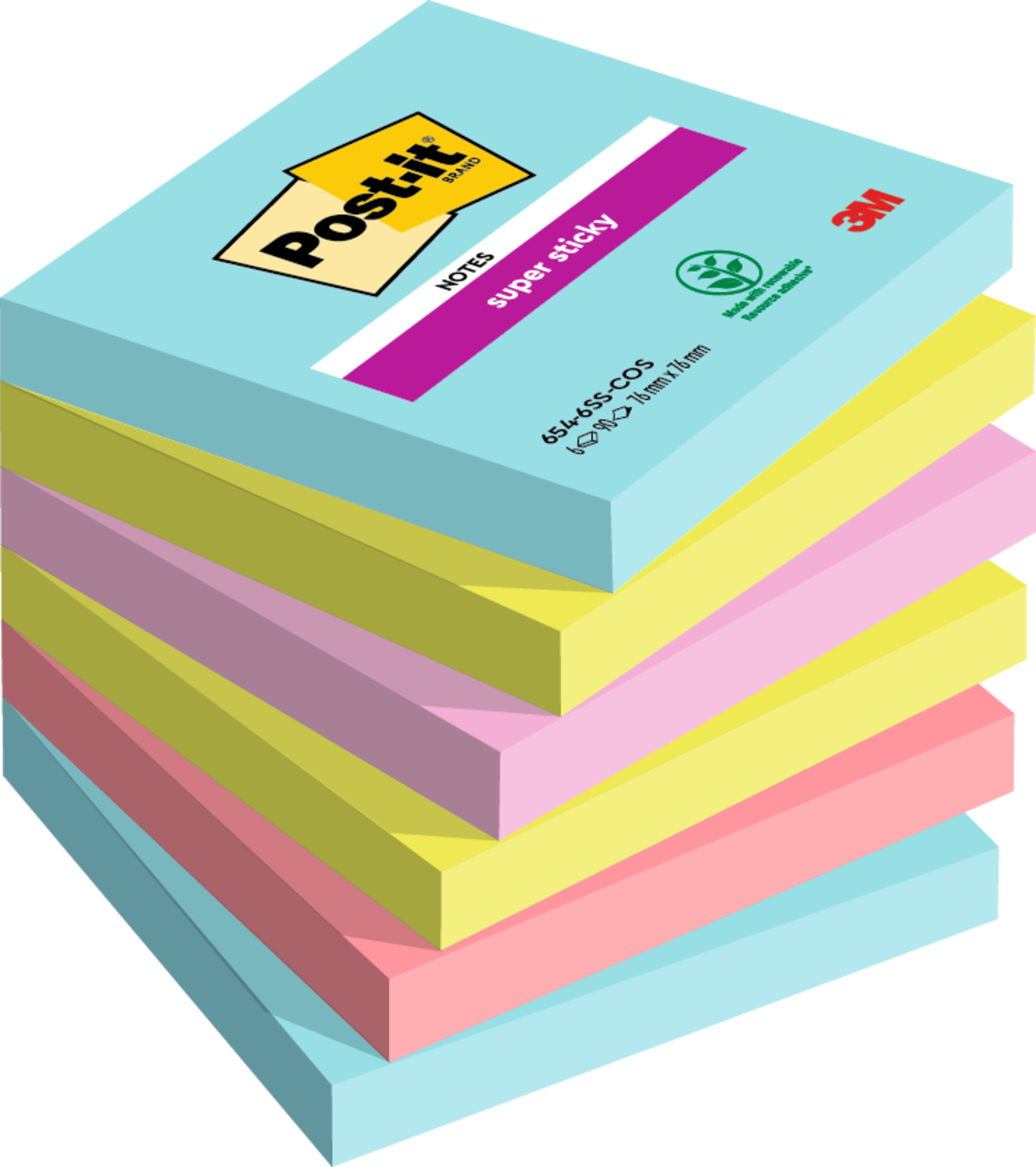 Haftnotiz Post-It 6546SS 76x76mm Türkis,neongrün,tropicalpink,guavapink