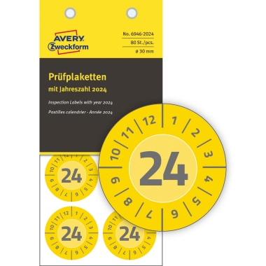 Prüfplaketten Zweckform 6946-2024 gelb 30mm, Jahr 2024