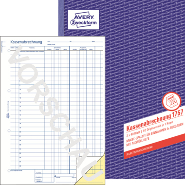 Kassenabrechnung Zweckform 1757 A4 SD 2x40 Blatt, Mwst.-spalte Für Einnahmen