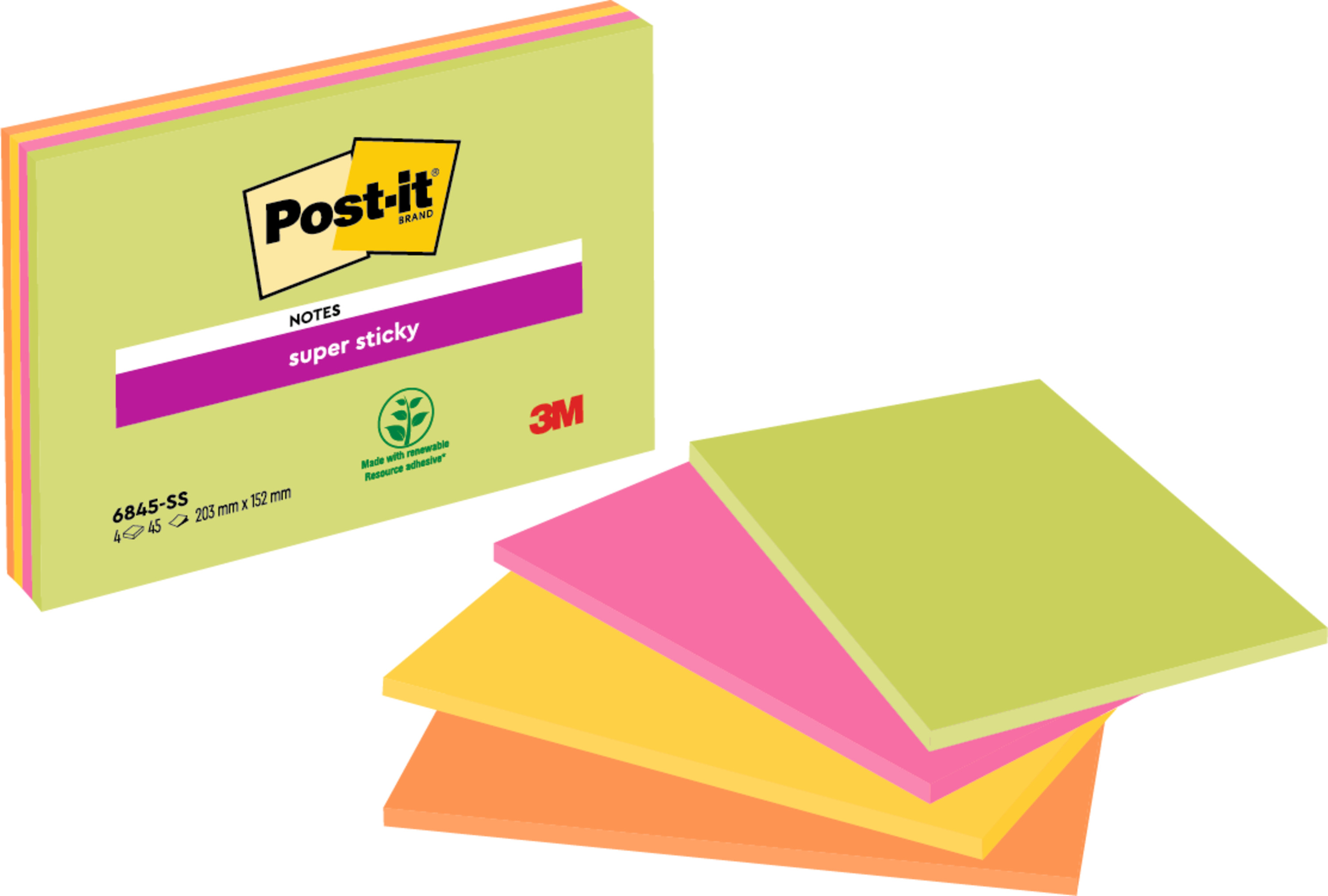 Haftnotiz Post-It 6845SSP 152x203mm 4x45 Blatt In 4 Neonfarben,