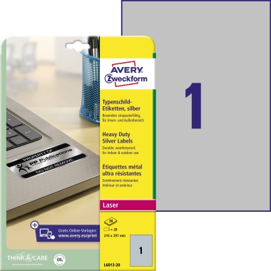 Etikett Zweckf. L6013-20 210x297mm Silber Laser-typenschild-