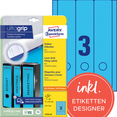 Rückenschild Avery Zweckform L4753-20 PC blau breit/lang, selbstklebend 60 St.