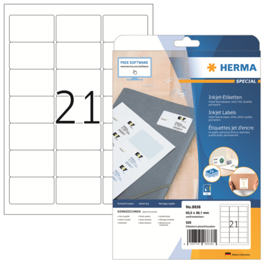 Etikett Herma 8838 63,5x38,1mm weiß Papier, Matt, Für Inkjet, Selbstklebend
