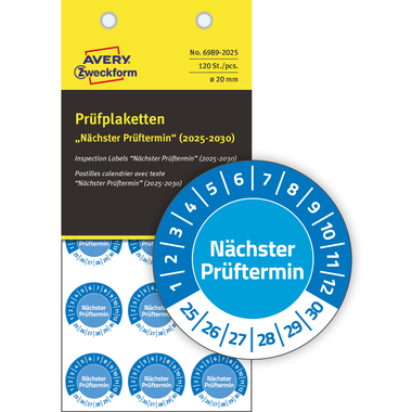 Prüfplaketten Zweckform 6989-2025 blau 20mm Jahr 2025-2030