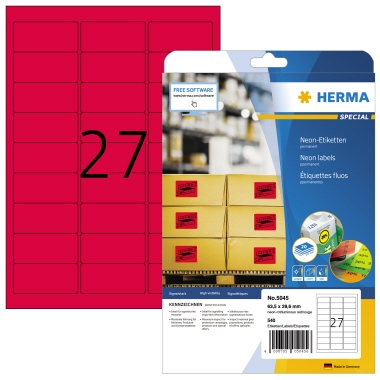 Etikett Herma 5045 63,5x29,6mm neonrot Papier, Permanent Haftend, Inkjet-, Lase