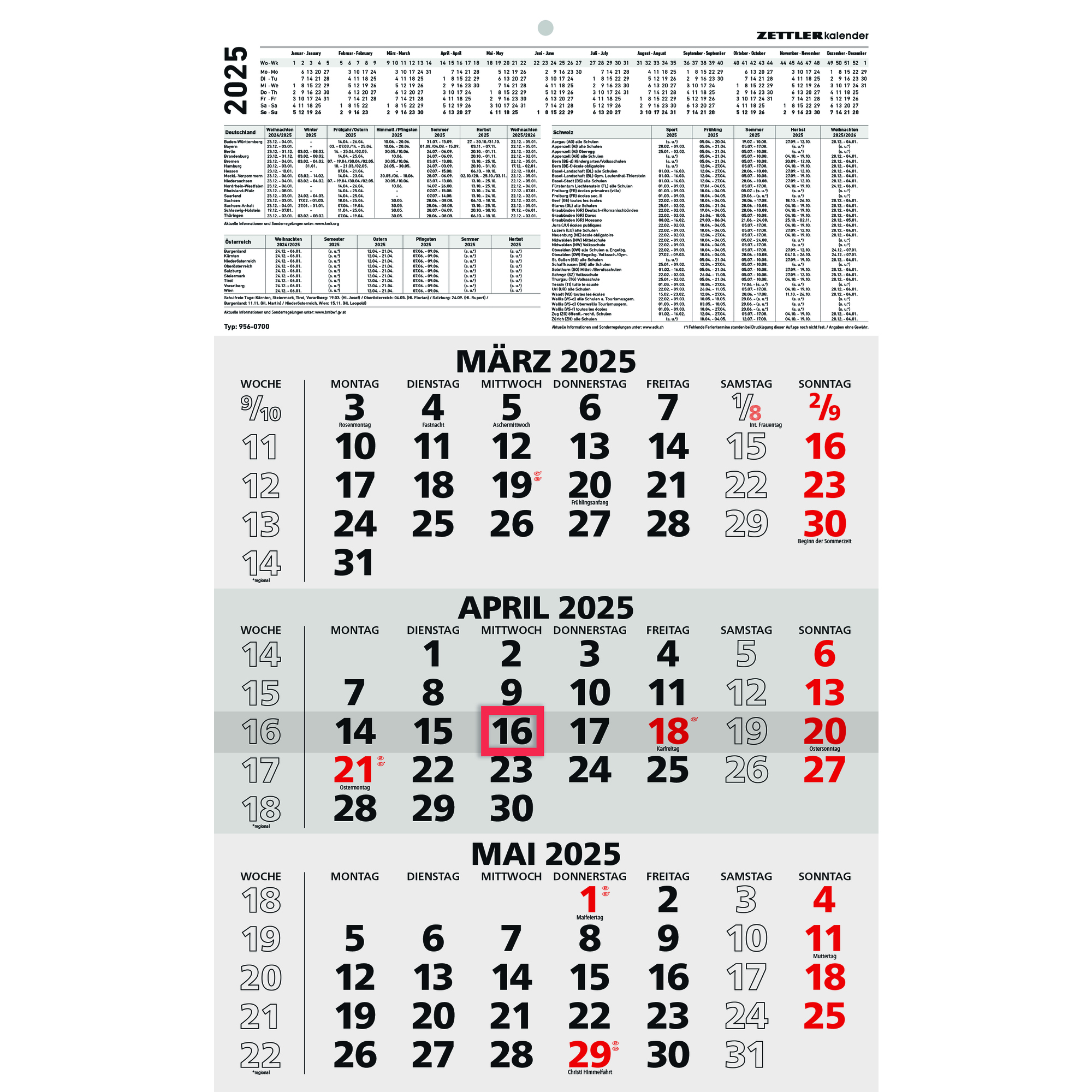 Dreimonatskalender Zettler 956 29,5X49CM einschließlich 15cm Kopftafel