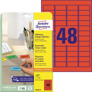 Etikett Avery Zweckform L6038-20 45,7x21,2mm rot ablösbar 960 St.