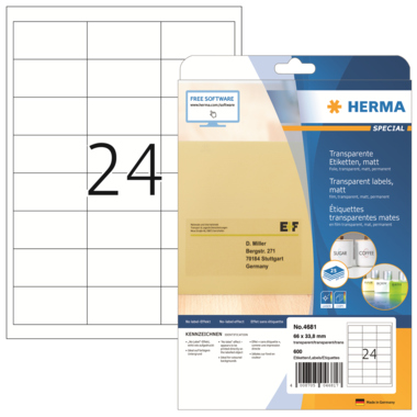 Etikett Herma 4681 66,0x33,8mm transp Laser- U. Kopier Folien, Matt
