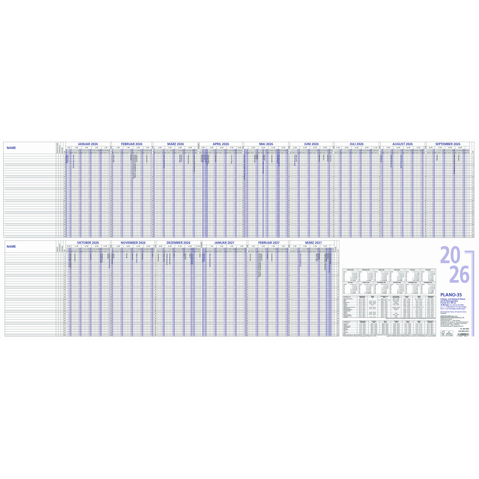 Urlaubsplaner Zettler 993 100x42cm F. 35 Personen 15 Monate