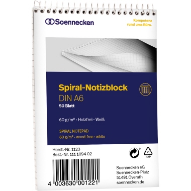 Notizblock Soennecken 1123 A6 kar. 60g, 50Bl, weiß