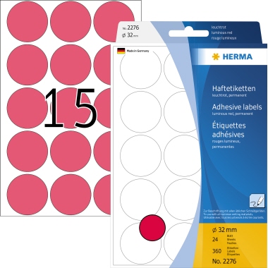 Etikett HERMA 2276 Ø-32mm leuchtrot Markierungspunkte 360 St.