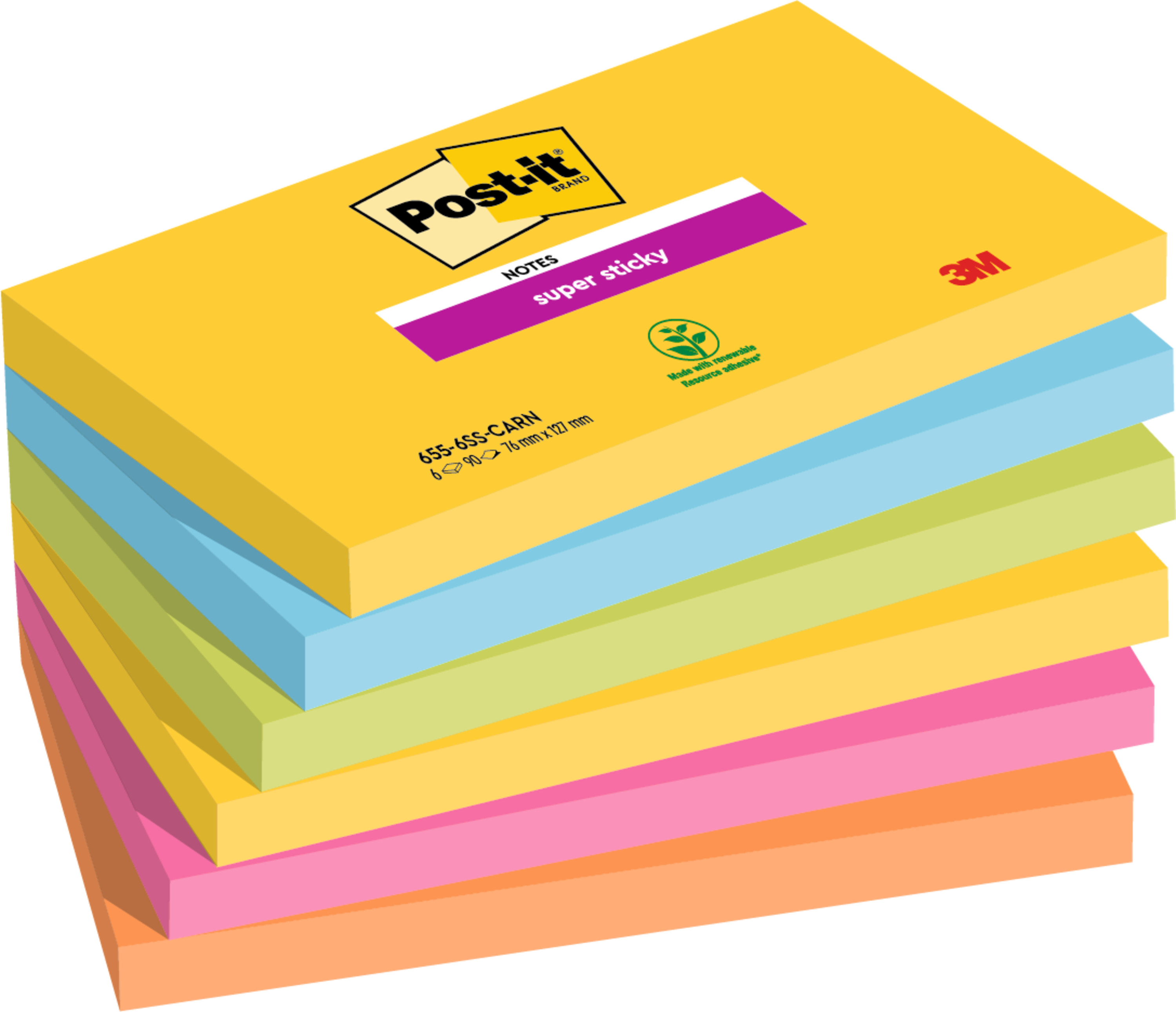 Haftnotiz Post-It 6556SR 127x76mm Ultragelb, -Blau, -Pink, Neongrün, -Oran