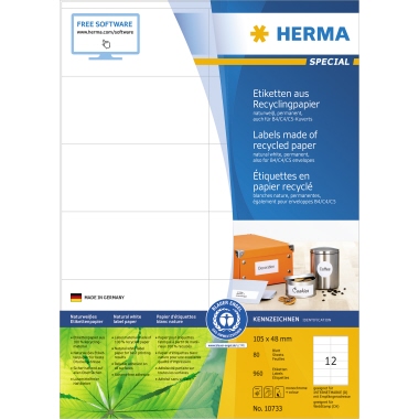Etikett Herma 10733 105x48mm weiß Rec Inkjet-, Laser- U. Kopier, Recycling
