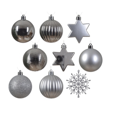 Christbaumschmuck DECORIS Mix 023922 Silber Kunstst.Kugel, Stern, Schneefl.