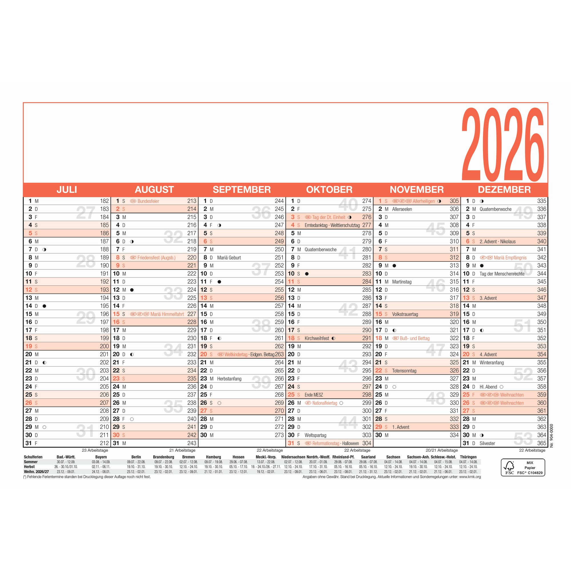 Tafelkalender Zettler 904 A5 1S/6M Pefc, Arbeitstage-, Tages-, Wochenzählun