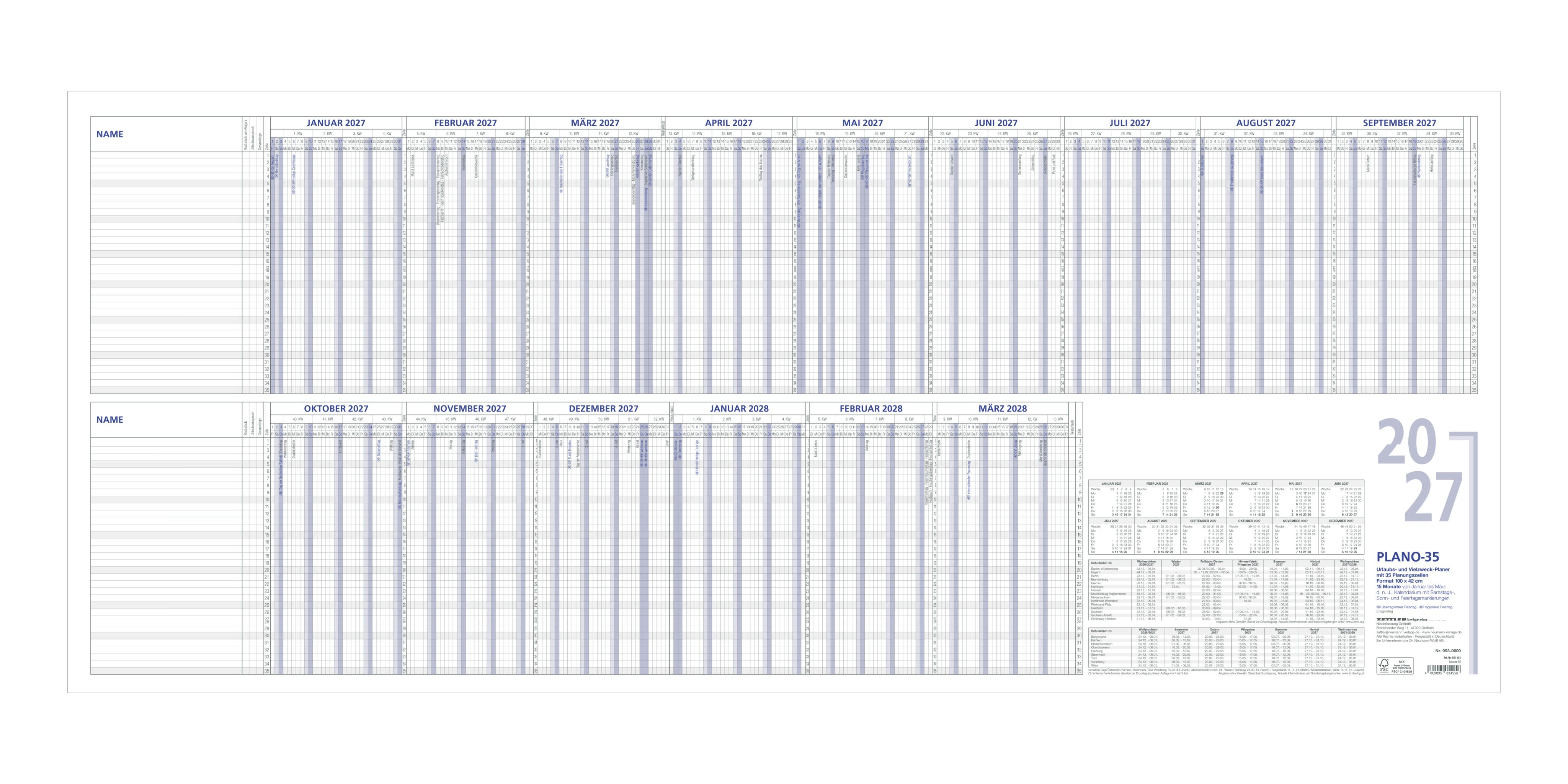 Urlaubsplaner Zettler 993-0000 100x42cm F. 35 Personen 15 Monate