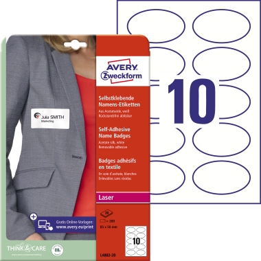 Namensetikett Avery Zweckform L4882-20 weiß oval 85x50mm Acetatseide 200 St.