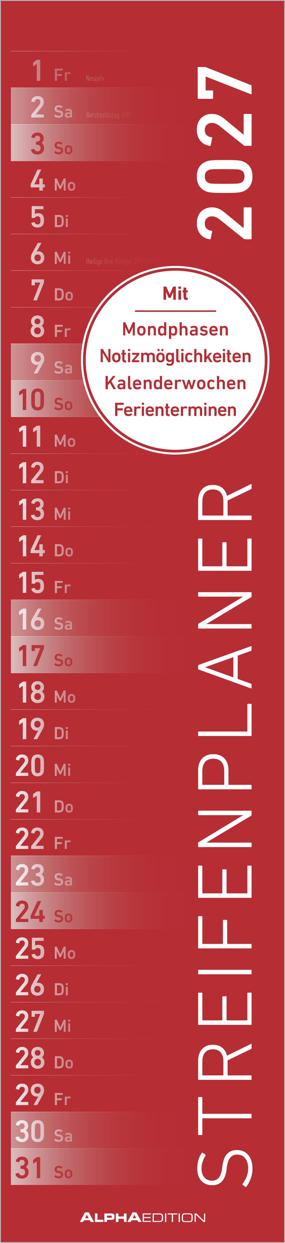 Streifenkalender Zettler 942-0011 1M/1S 11,5X55cm,Sonn-Und Feiertage Hervorgeho