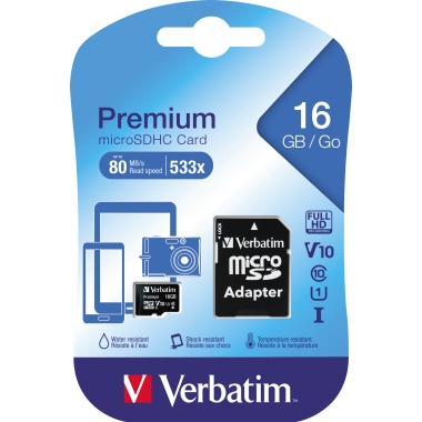microSDHC Card Verbatim 16GB 44082 Sd Adapter (r) 45MB/s (w) 10MB/s