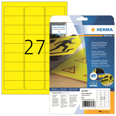 Etikett Herma 8031 63,5x29,6mm, gelb ,strapazierfähig Folie, Stark Haft
