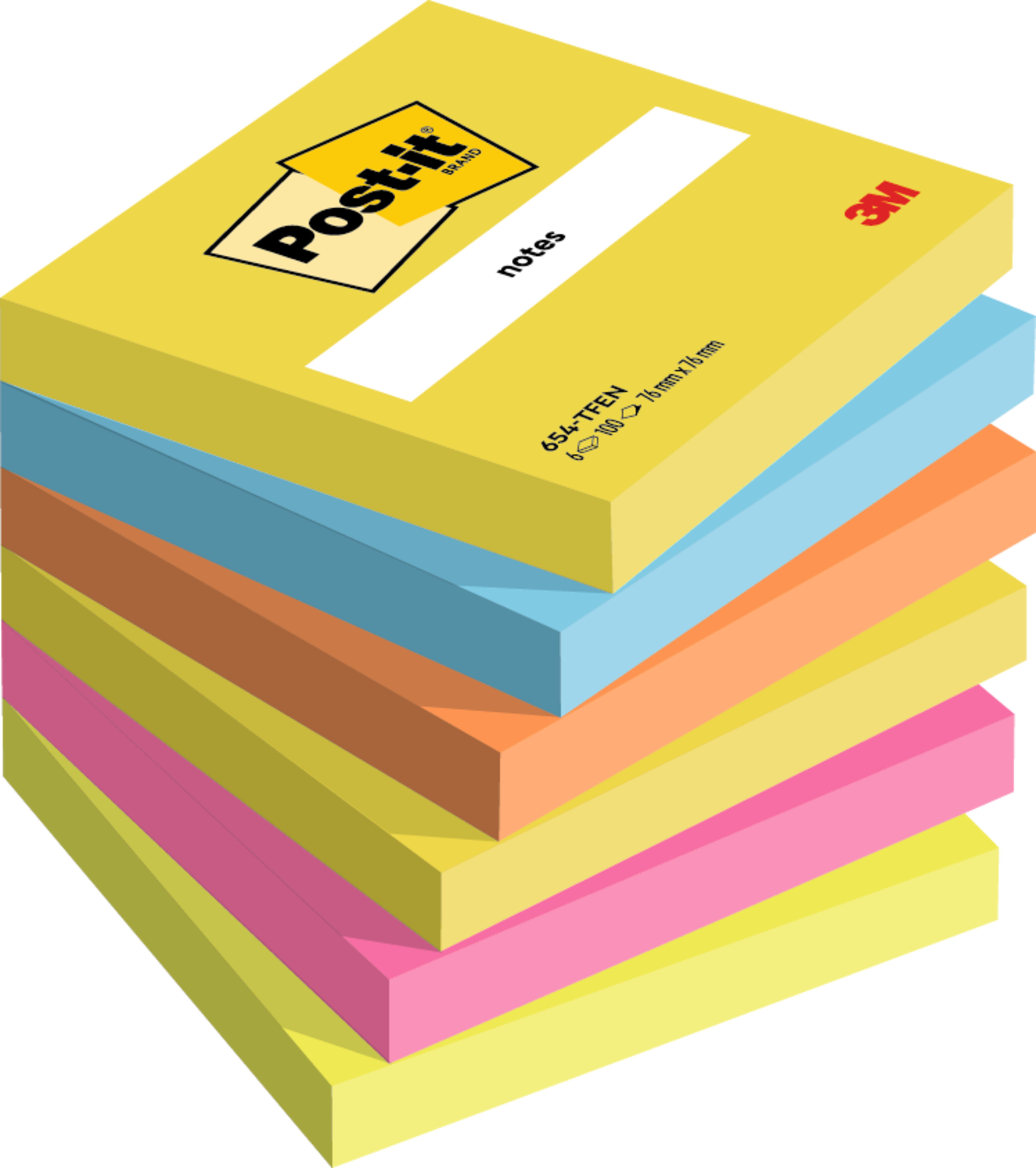 Haftnotiz Post-It 654TFEN 76x76mm Energetic Collect. 6 Blöcke 100 Bl.