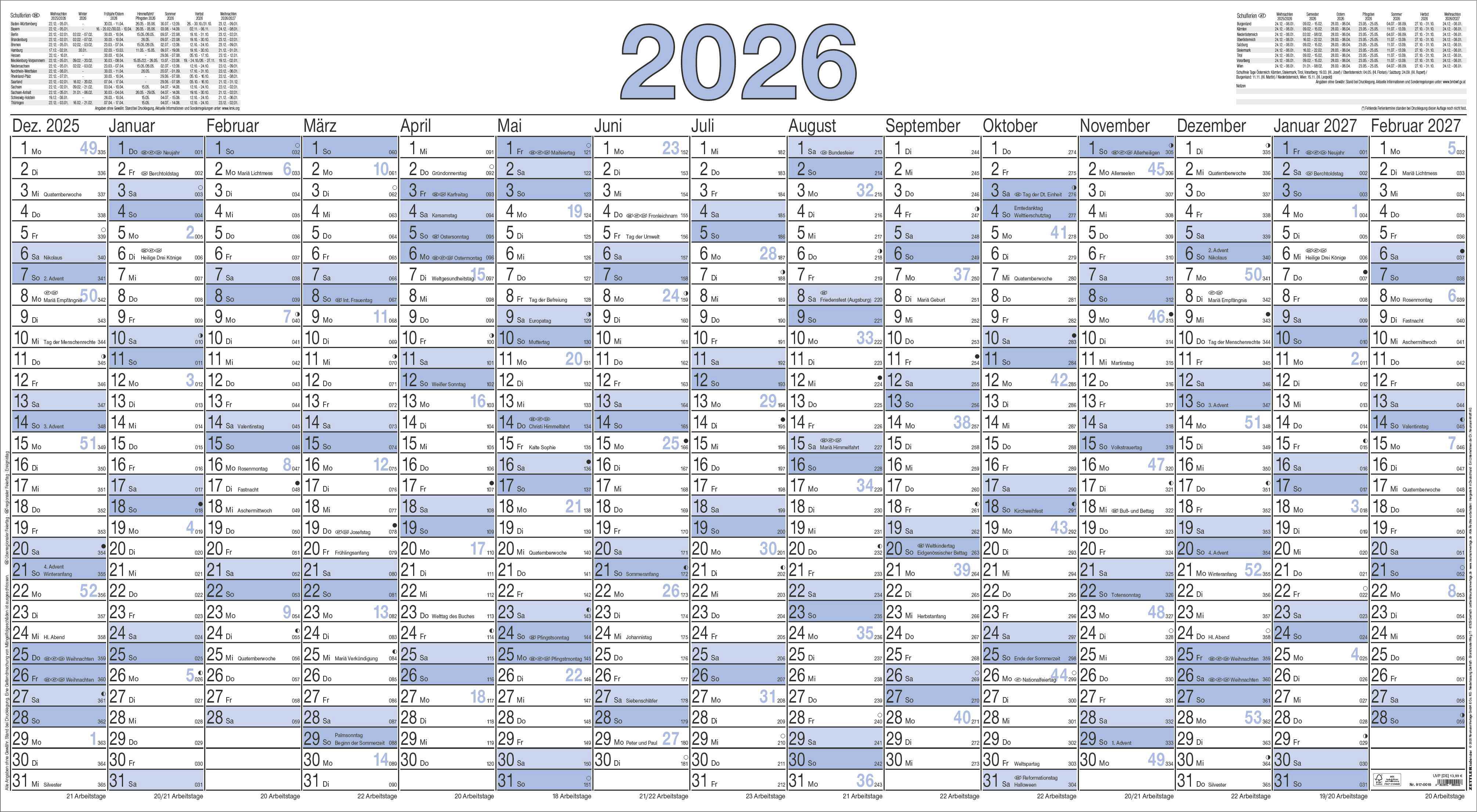 Plakatkalender Zettler 917 140x80cm 1s/15m, Pefc