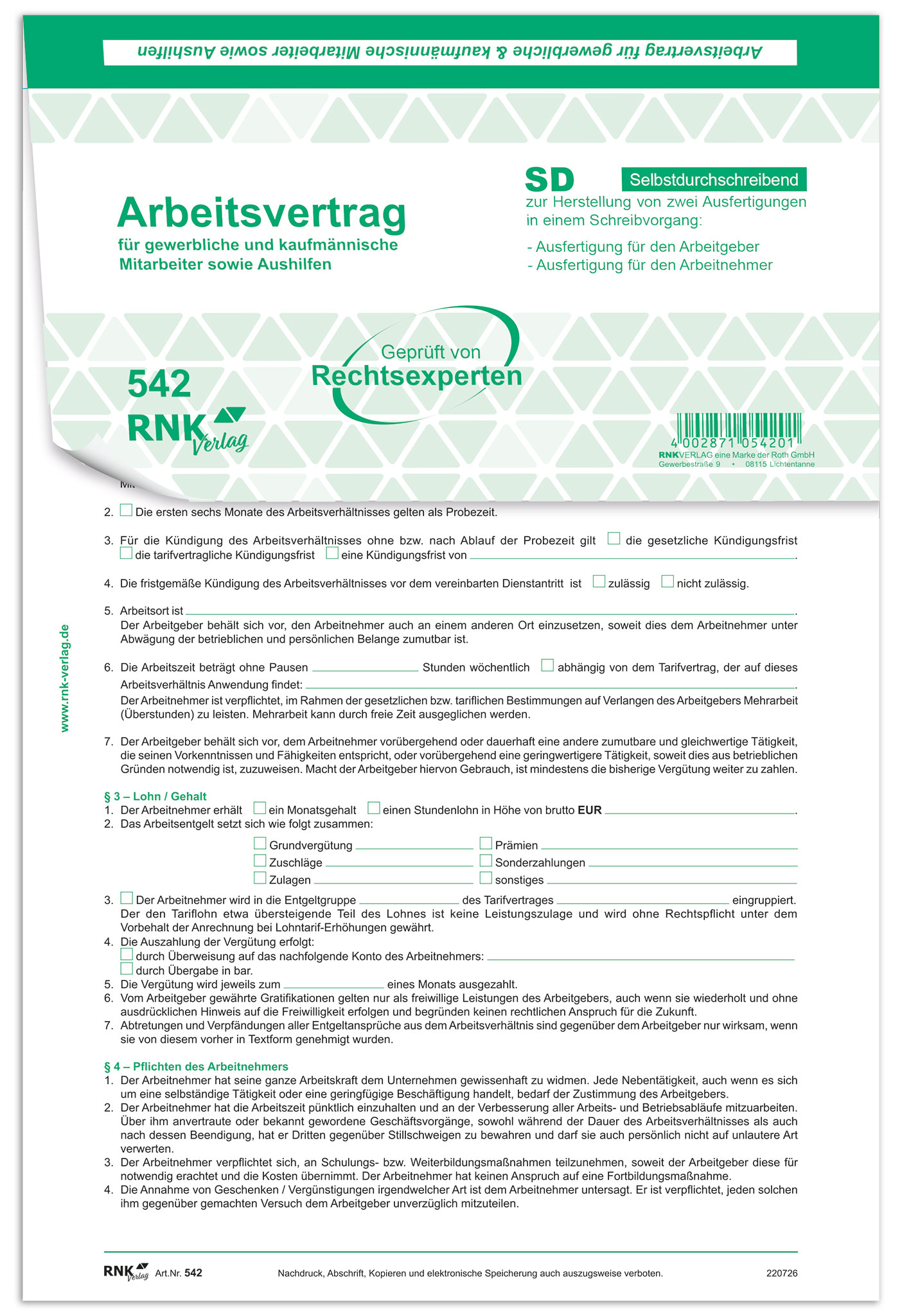 Arbeitsvertrag RNK 542/10 A4 SD 2x2Blatt Für Gewerbliche Arbeitnehmer